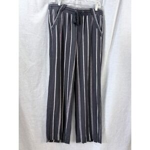Rewind Linen Blend Black White Stripe Wide Leg Pants L Drawstring Pockets
